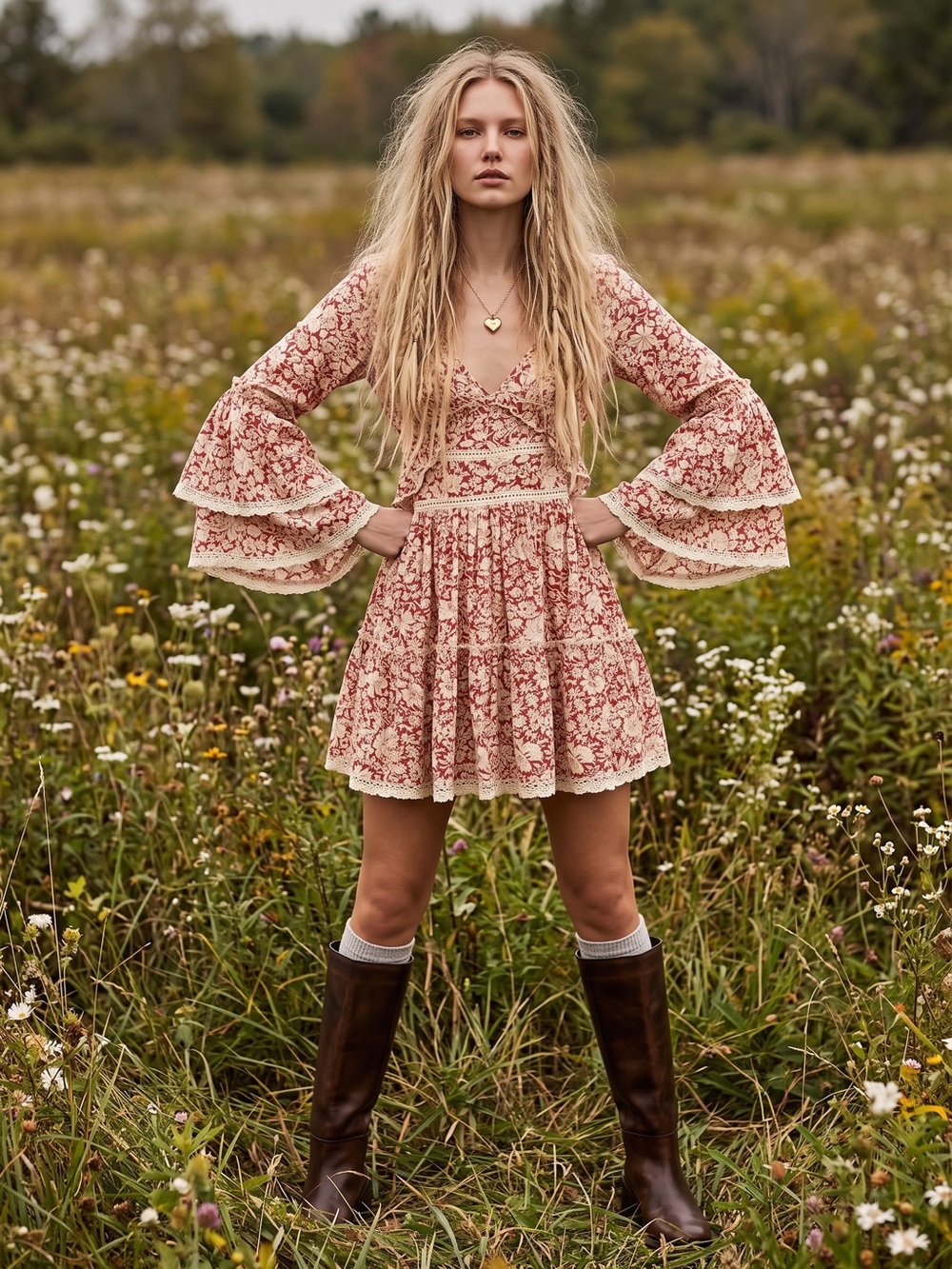 Free People Retro 70s Bohemian Gypsy Crochet Bell Sleeve Kristall Floral Dress S